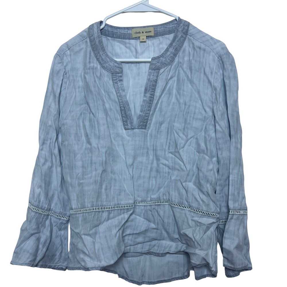 Cloth & Stone Blue Tencel Lyocell Crochet Trim Bell Sleeve Blouse M Coastal Boho